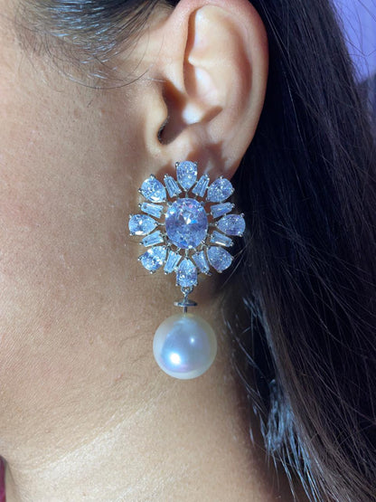 CZ FLOWER PEARL EARRINGS