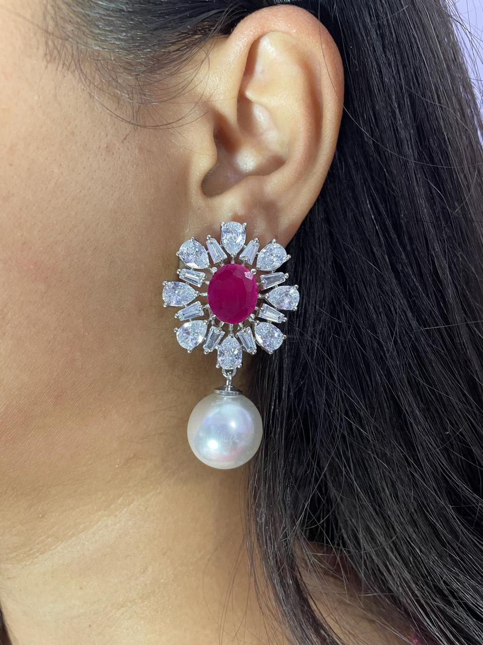 CZ FLOWER PEARL EARRINGS